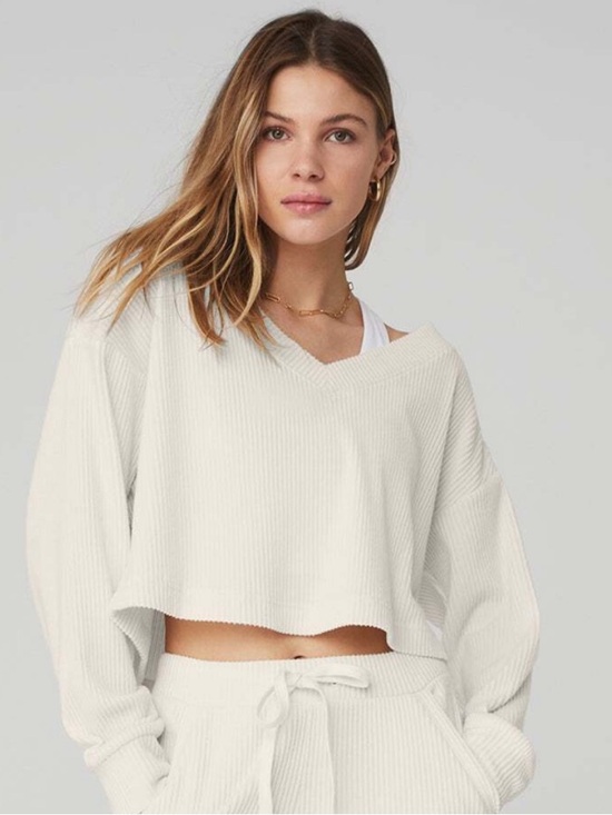 ALO Yoga Sweaters - ALO Muse Cropped V-Neck Ribbed Pullover Top Sweater Ivory XS